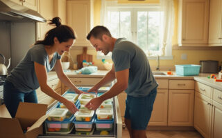 “Labeled freezer bags with homemade soups and casseroles for easy postpartum meals.”