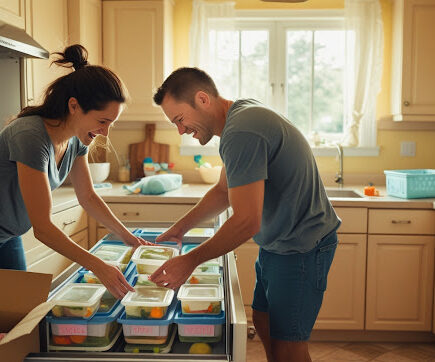 “Labeled freezer bags with homemade soups and casseroles for easy postpartum meals.”