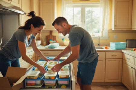 “Labeled freezer bags with homemade soups and casseroles for easy postpartum meals.”