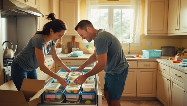 “Labeled freezer bags with homemade soups and casseroles for easy postpartum meals.”