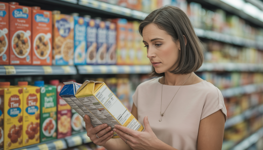 Mother checking nutrition label for hidden sugar in kids food