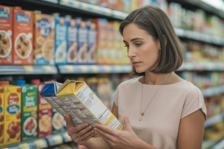 Mother checking nutrition label for hidden sugar in kids food
