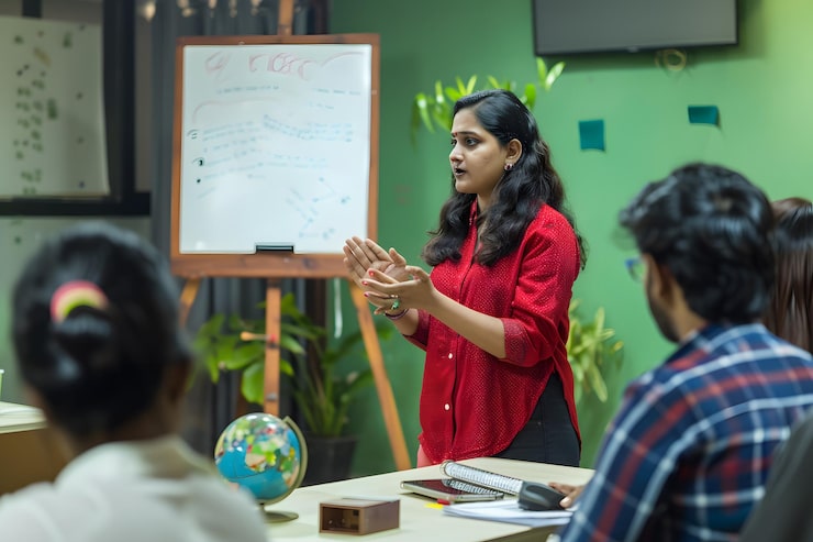 woman stands front whiteboard with globe it 979520 94992
