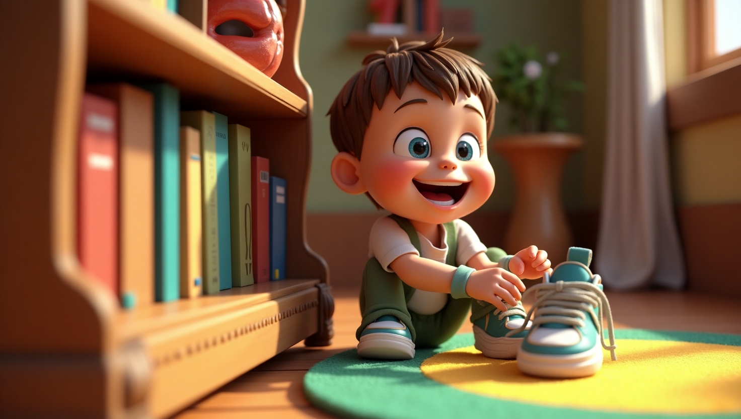 child putting shoes in place and learning responsibility